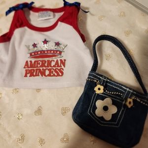 Build-a-Bear Workshop cheer shirt and denim purse.